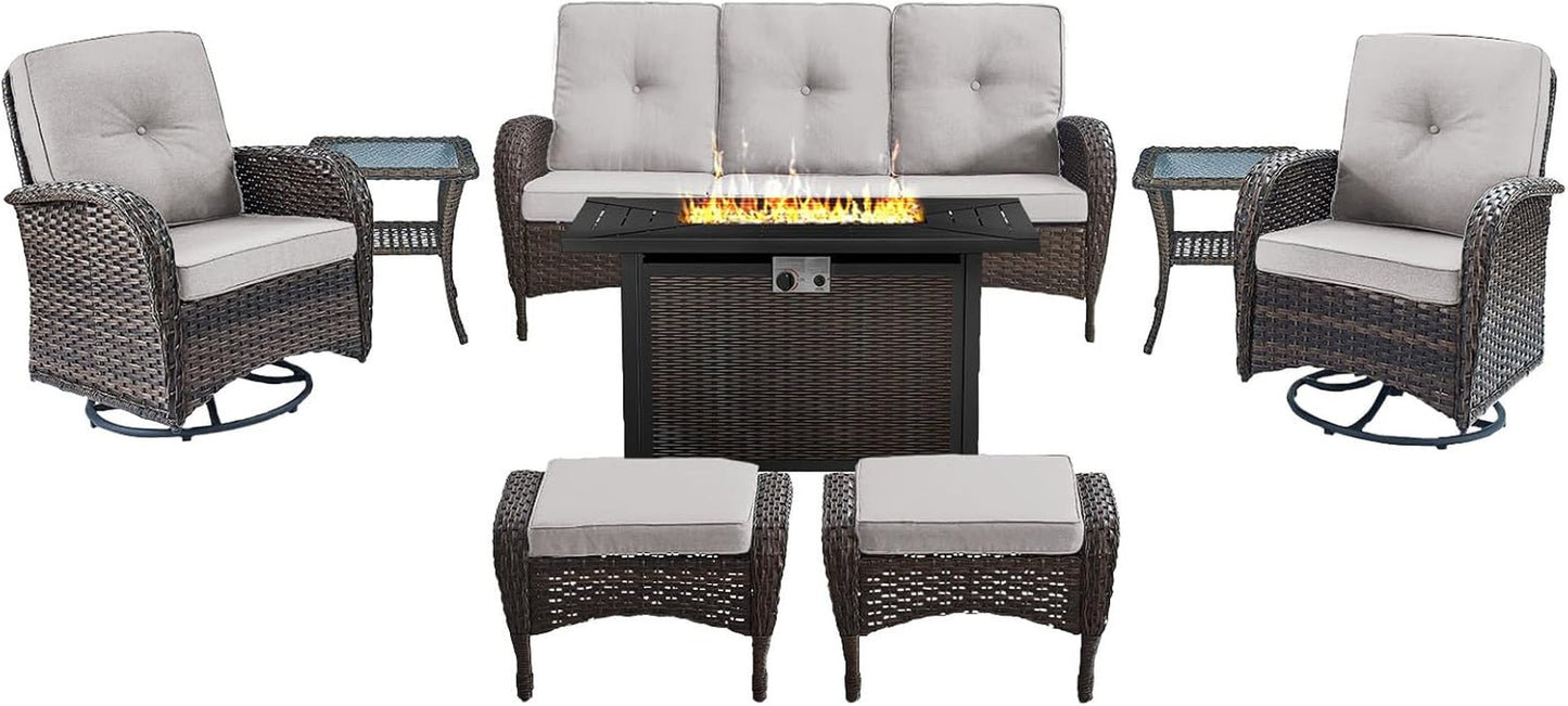 8 Piece Patio Furniture Set with 50000 BTU Propane Fire Pit Table, Outdoor Conversation Set with 2 Swivel Rocker Chairs Wicker Sofa and Ottomans for Casual Gatherings Beige Cushion-0