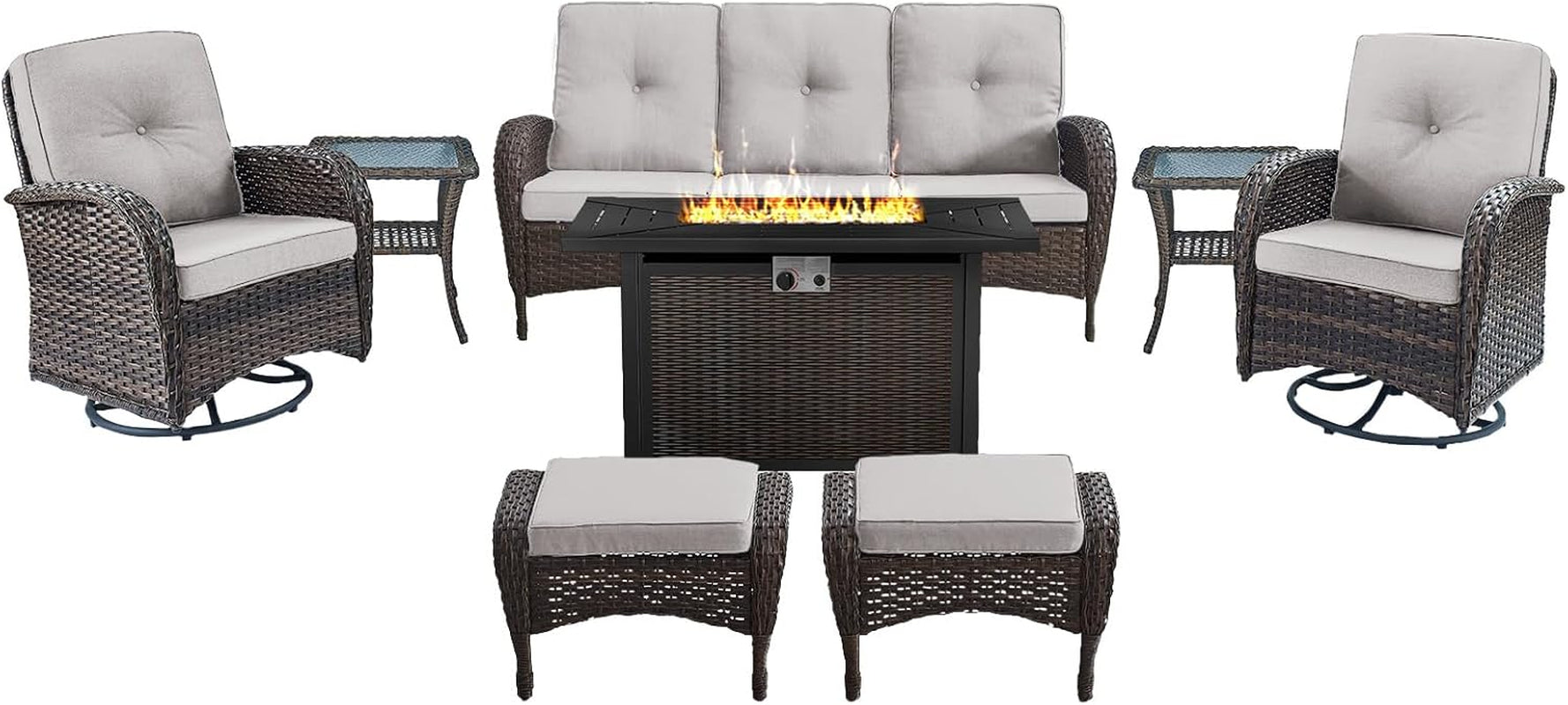 8 Piece Patio Furniture Set with 50000 BTU Propane Fire Pit Table, Outdoor Conversation Set with 2 Swivel Rocker Chairs Wicker Sofa and Ottomans for Casual Gatherings Beige Cushion-0