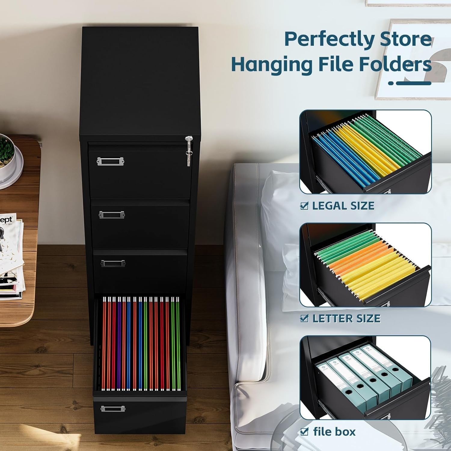 4 Drawer Filing Cabinets with Lock, Metal File Cabinet with 4 Drawers, Home Office File Folders Cabinet for Letter Legal A4 File Size-3