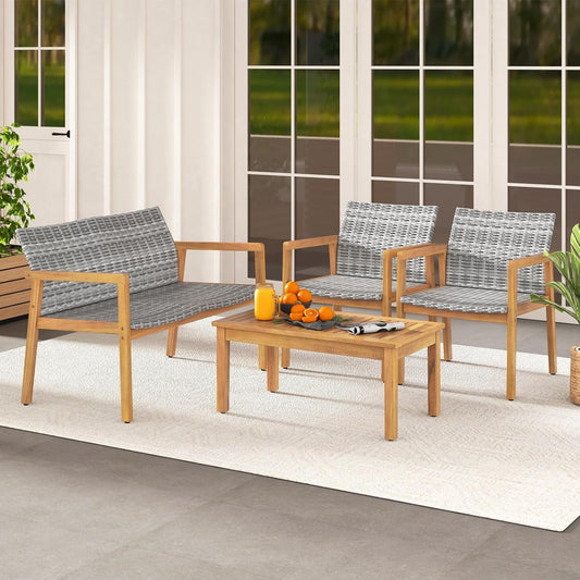 4 Pieces Outdoor Furniture Set, Acacia Wood Frame Sofa Set W/Rattan Seat & Back, Patio Conversation Set W/Coffee Table for Balcony, Poolside, Backyard (Mix Gray)-1