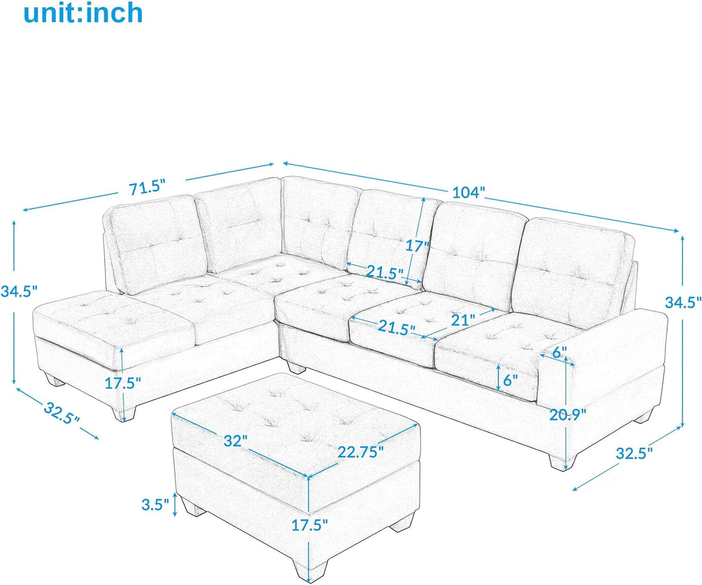 104Inch Sectional Sofas 3-Seat Sofa Sectional Sofa Couches with Reversible Chaise Storage Ottoman and 2 Cup Holders, Sofa Lounge and Ottoman for Living Room Furniture-1