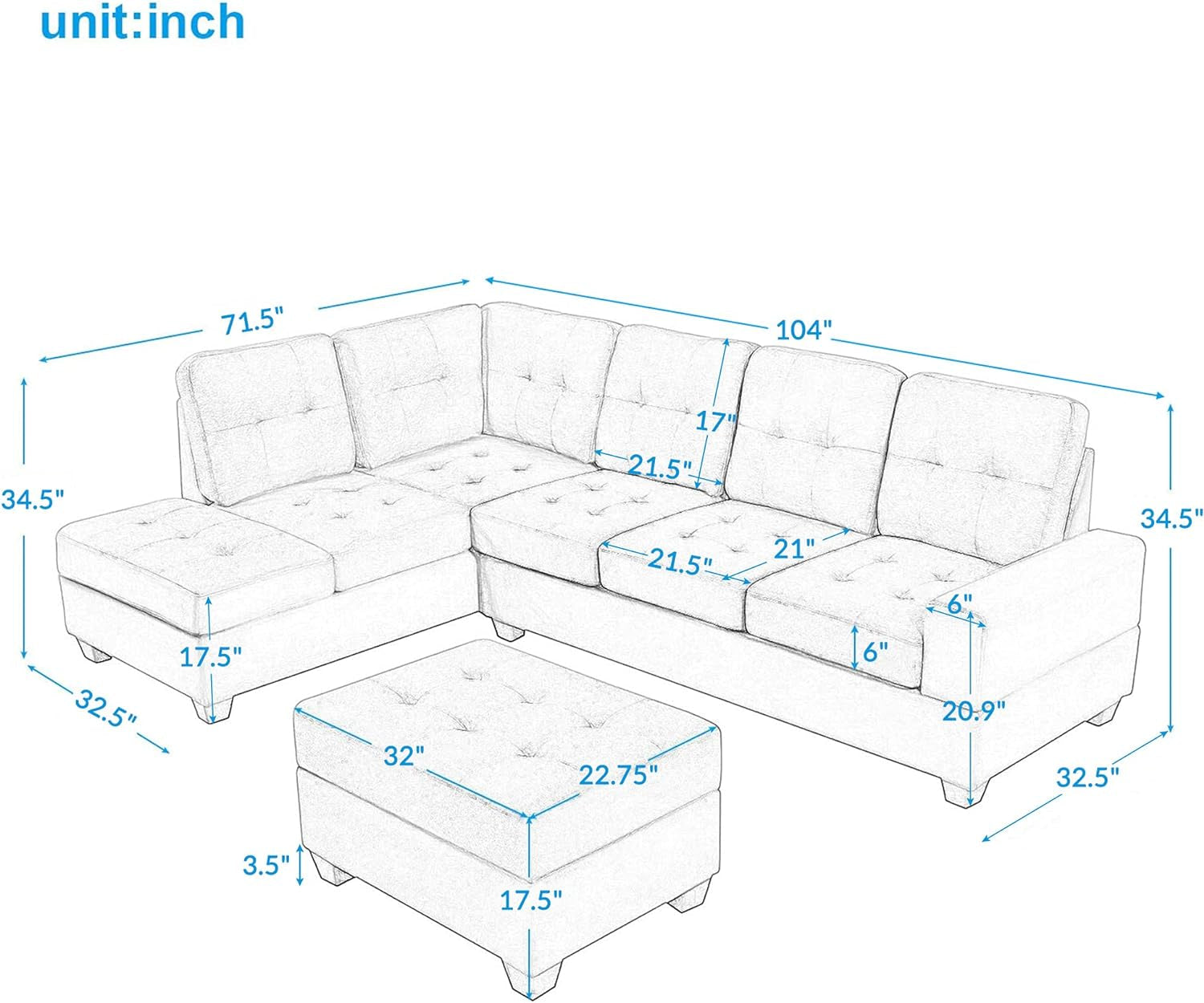 104Inch Sectional Sofas 3-Seat Sofa Sectional Sofa Couches with Reversible Chaise Storage Ottoman and 2 Cup Holders, Sofa Lounge and Ottoman for Living Room Furniture-1
