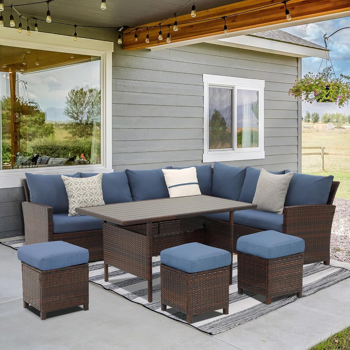 7 Pieces Patio Furniture Set Outdoor Furniture Sectional, High Back Outdoor Patio Dining Table Set, Wicker Patio Conversation Set with Cushions for Balcony Lawn and Garden, Blue-0