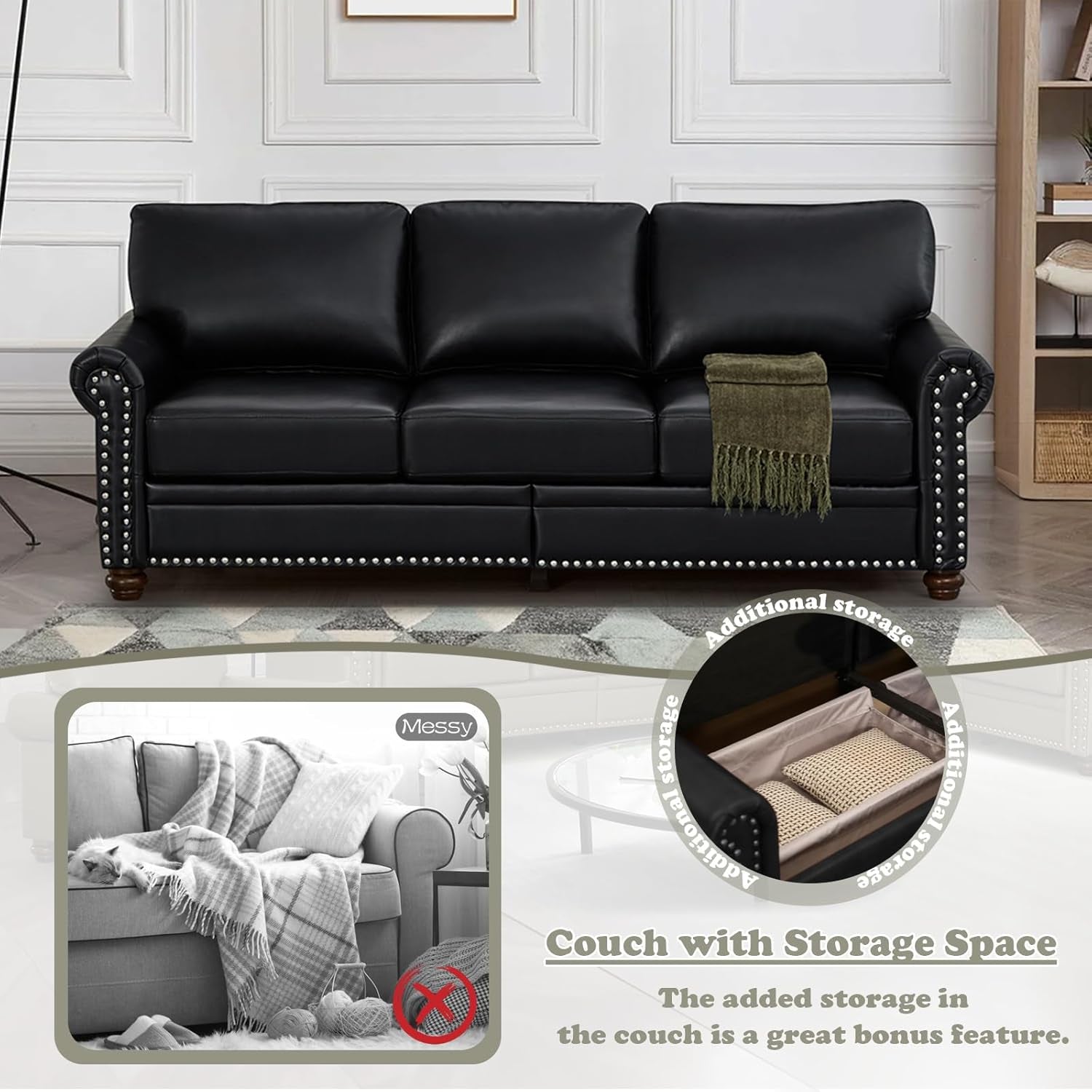 2-Piece Comfy Upholstered PU Leather Sofa Couch Set, Mid-Century Modern Loveseat Sofa+3 Seater Couch with Storage Space for Living Room, Furniture Set, Black-3