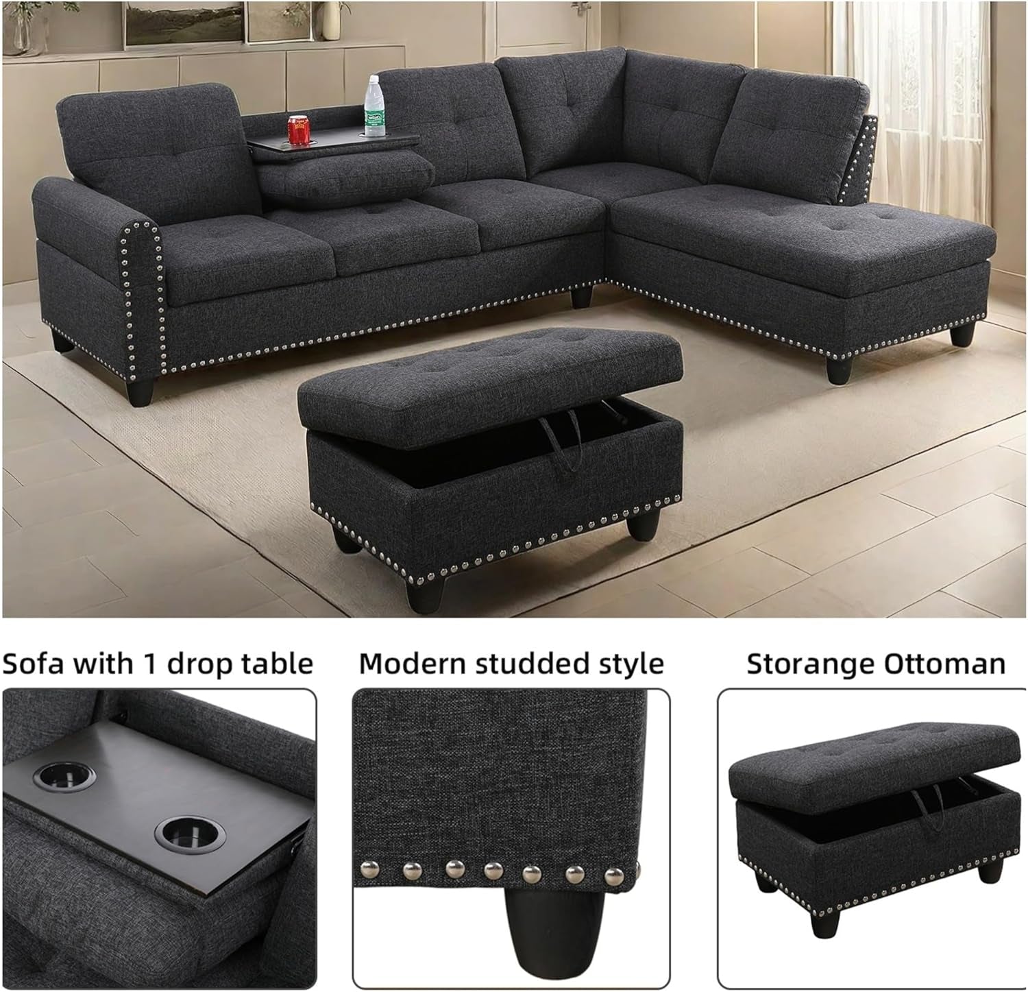L Shaped Sectional Couches, Modular Sectional Sofa with Ottoman Storage, Nail-Head Design Lounge Sofa with Reversible Cup Holder for Living Room, Bedroom, Gray-3