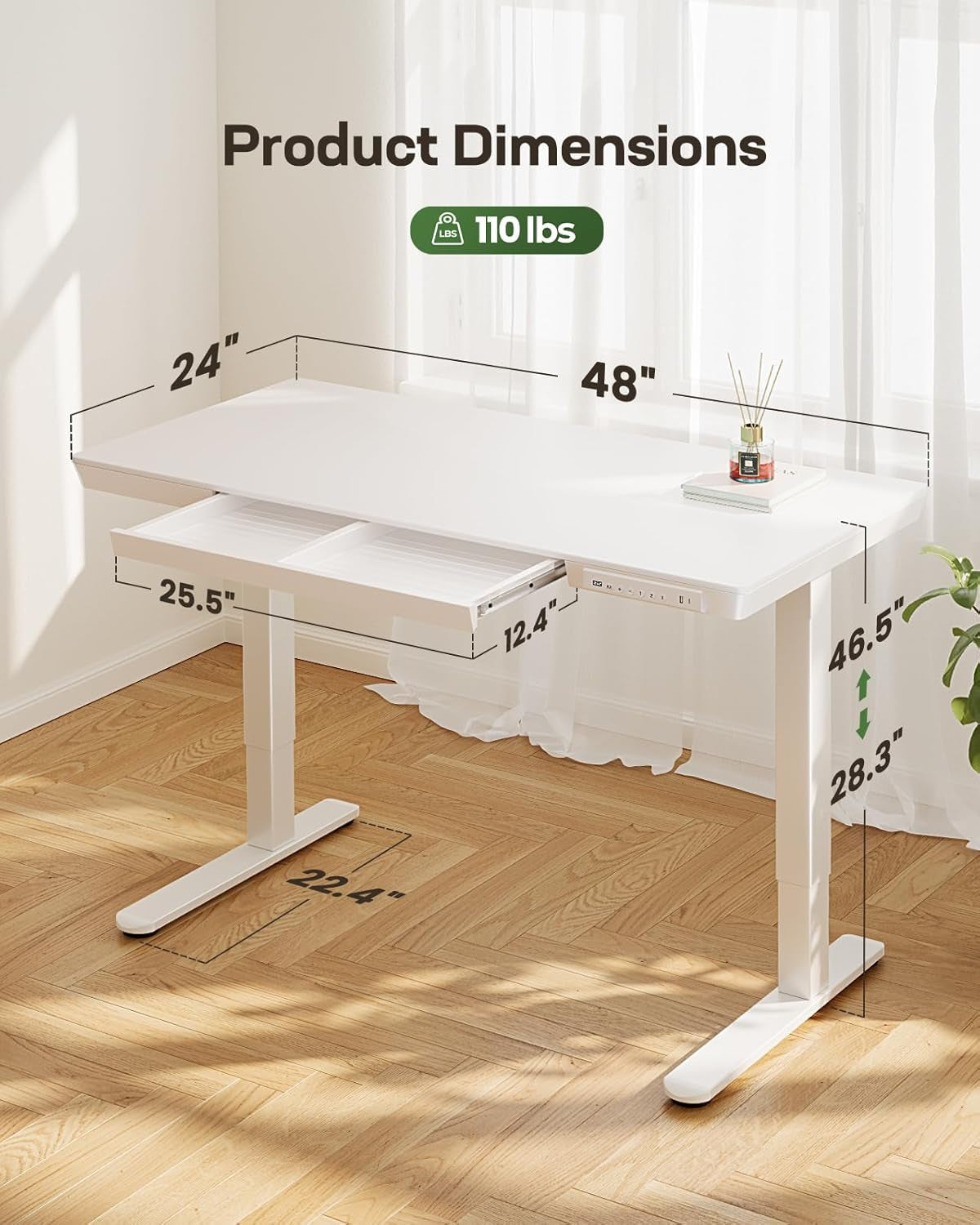 Standing Desk with Drawer, 48 X 24 Inch Whole Piece Tabletop Electric Standing Desk, Height Adjustable Desk with USB Charging Ports, Sit Stand Desk with Storage for Home & Office White-2