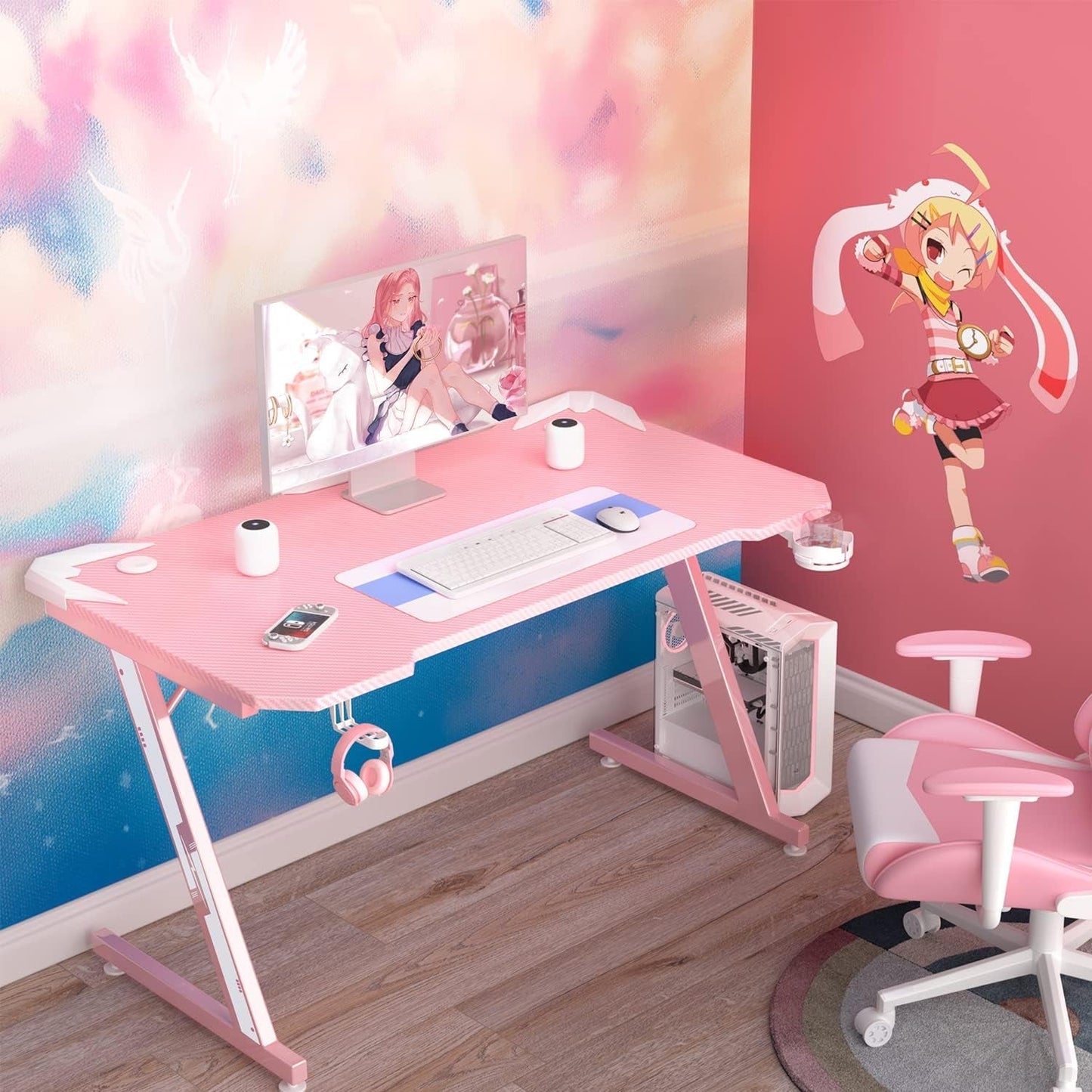 Gaming Computer Desk with Carbon Fiber Surface, Gaming Table Z Shaped Pc Home Office with Cup Holder&Headphone Hook(44 In, Pink)-1