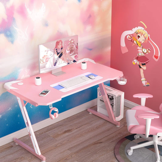 Gaming Computer Desk with Carbon Fiber Surface, Gaming Table Z Shaped Pc Home Office with Cup Holder&Headphone Hook(44 In, Pink)-1