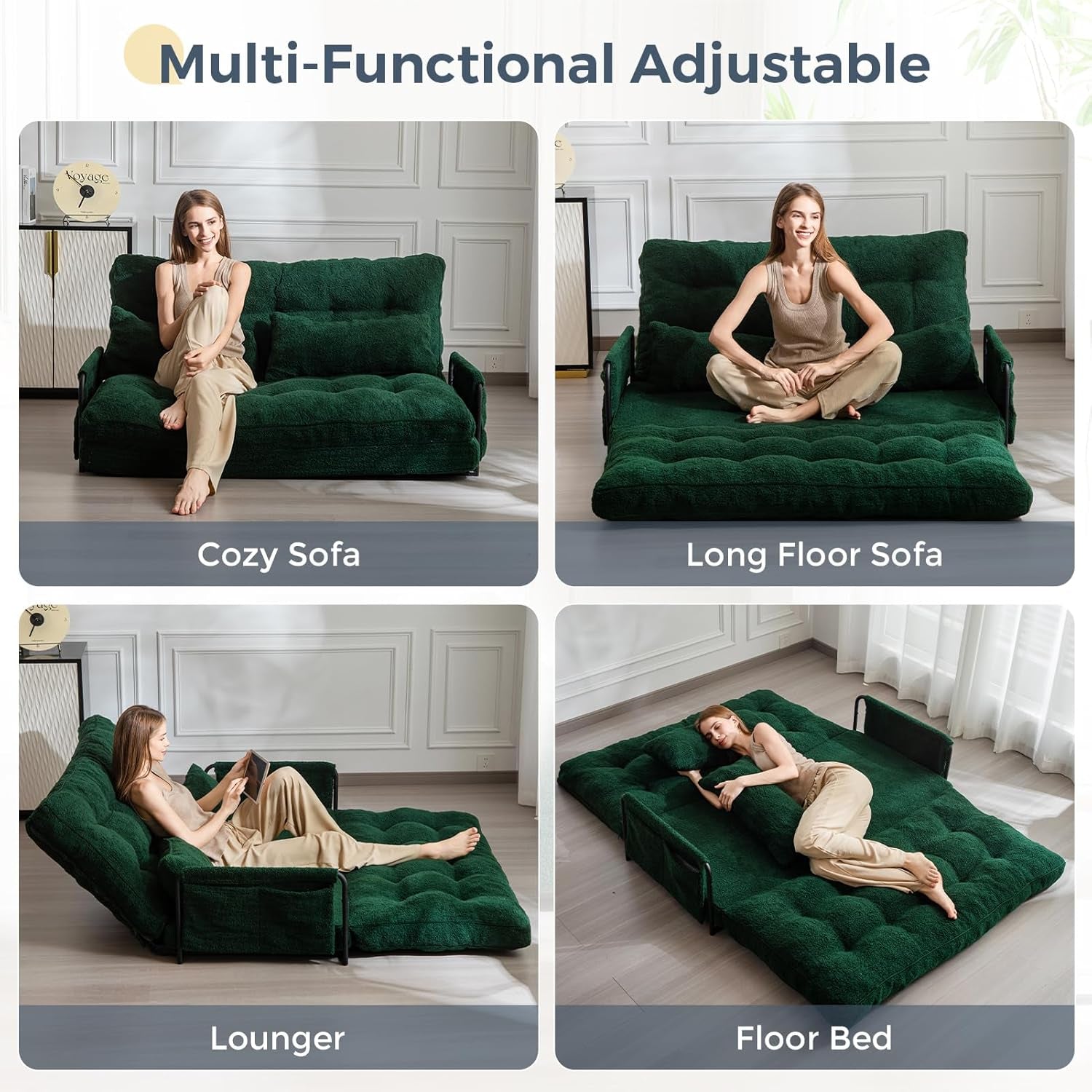 Green Double Adjustable 5-Position Boucle Floor Sofa-2