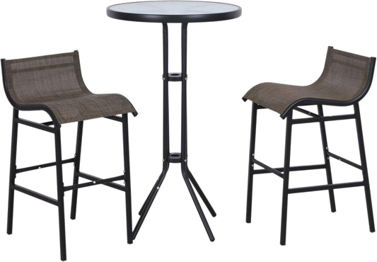 3 Piece Bar Height Outdoor Bistro Set for 2, round Patio Pub Table 2 Bar Chairs with Comfortable Design & Strong Build, Tan-0