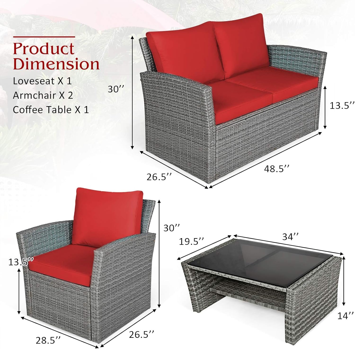 4 Pieces Patio Furniture Set, All Weather Outdoor Sectional Rattan Sofa Set with Cushions & Tempered Glass Table, Wicker Conversation Couch Set for Backyard Garden Poolside-3