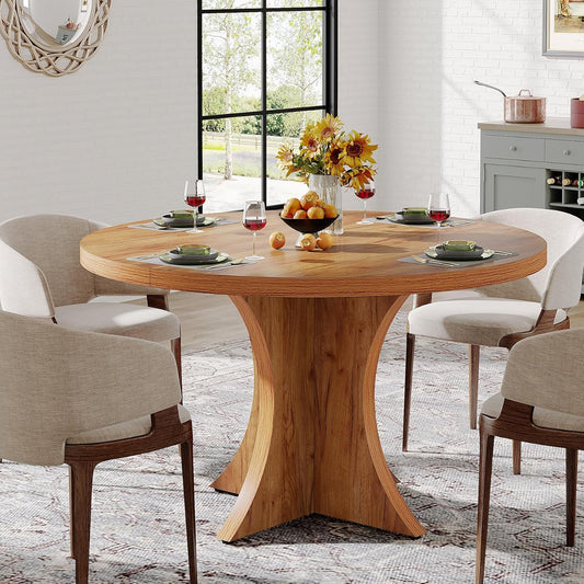 round Dining Table for 4-6, 47.24-Inch Farmhouse Kitchen Table, Wood Dining Table with Pedestal Base, Small Dinner Table for Dining Room,Living Room, Small Space, Brown-0