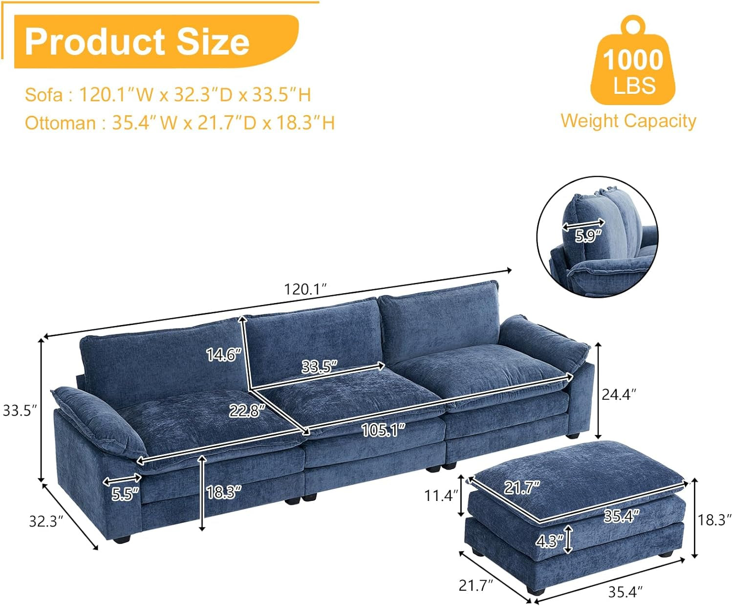 Sectional Sofa Modular Deep Seat Sofa Couch with Ottoman, Chenille Sofa Sleeper Comfy Upholstered Furniture for Living Room, Apartment, Studio, Office, (3-Seat & 1-Ottoman, Dusty-Blue)-1