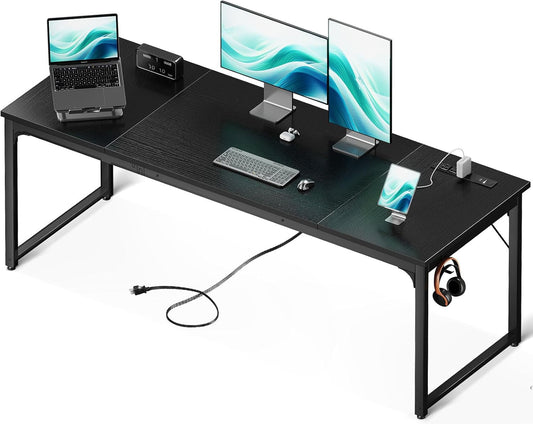 71 Inch Computer Desk with USB Ports, Large Office Desk, Long Study Student Writing Desk, Black-0