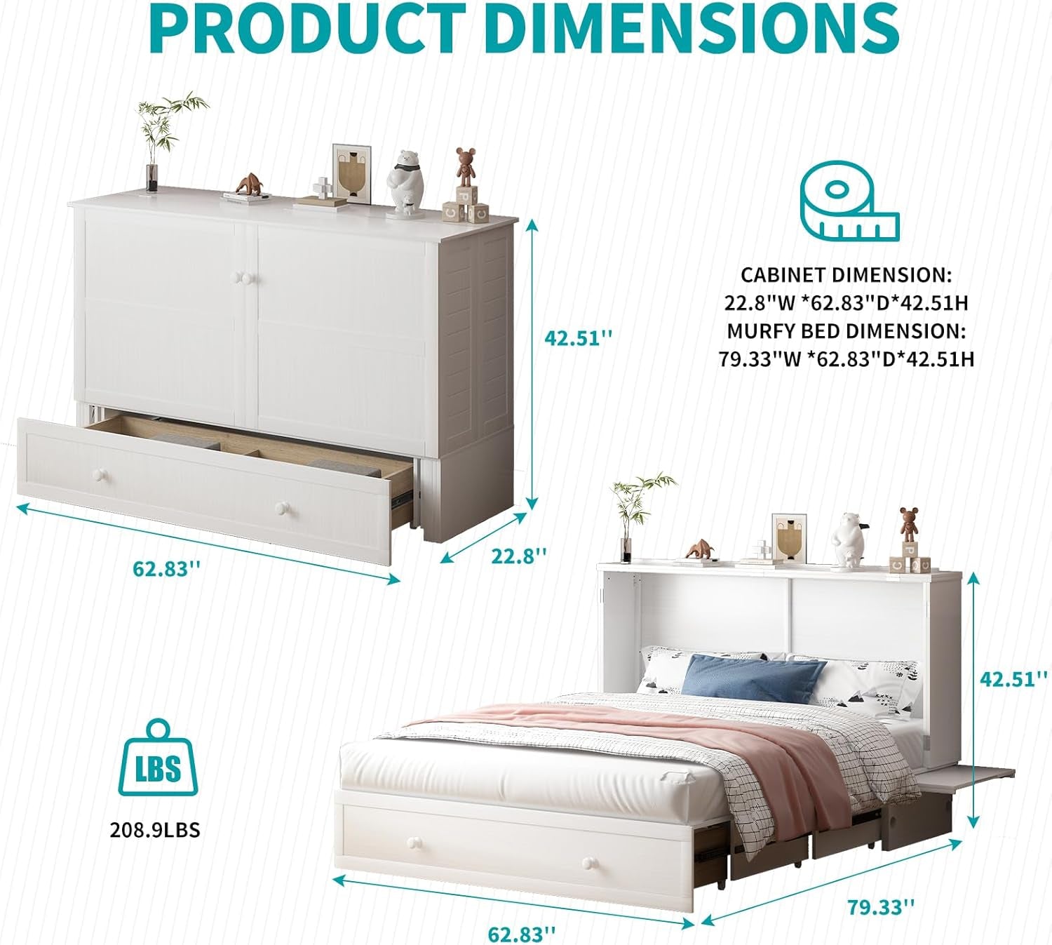 Murphy Bed Queen with USB Charging and Storage Drawers-2