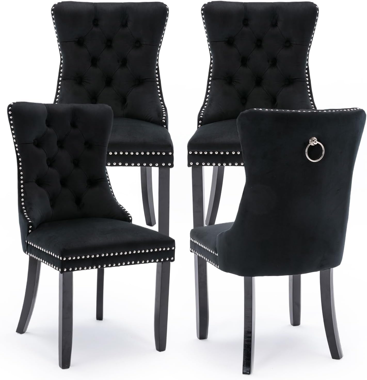Velvet Upholstered Dining Chairs Set of 4, Modern Style Kitchen Side Chairs with Nailhead Trim and Wood Legs,Metal Pulling Ring for Dining Room Living Room(Black,Set of 4)-0