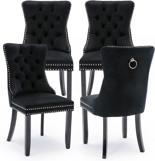Velvet Upholstered Dining Chairs Set of 4, Modern Style Kitchen Side Chairs with Nailhead Trim and Wood Legs,Metal Pulling Ring for Dining Room Living Room(Black,Set of 4)-0