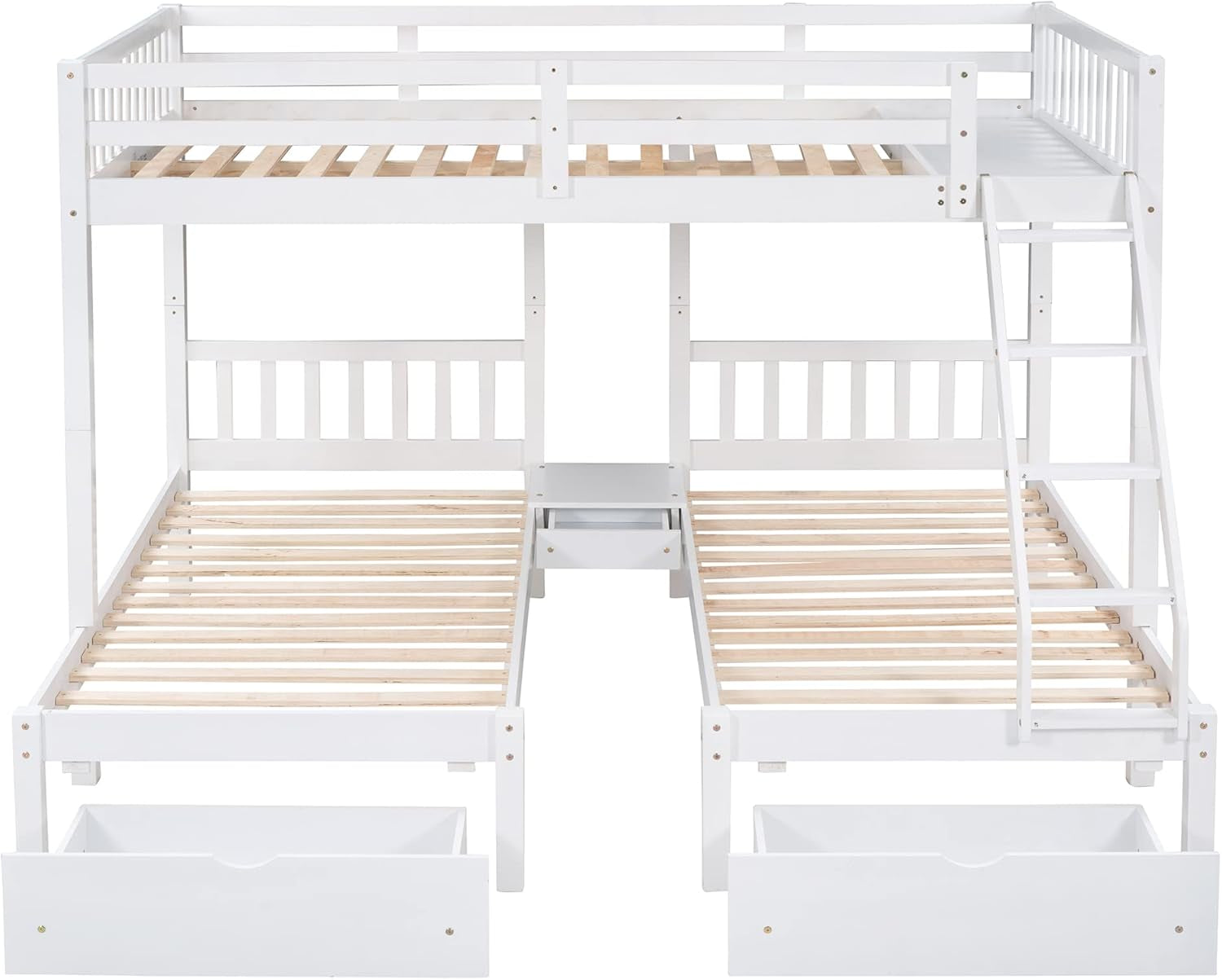 Full over Twin & Twin Bunk Bed, Wood Triple Bunk Bed with Drawers and Guardrails (White)-4