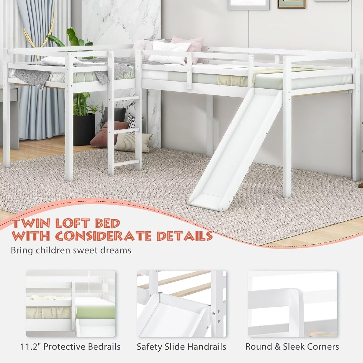 Wooden Twin Size Double Loft Bed with Slide and Ladder, L-Shaped Bed Frame with Full-Length Guardrail, Wood Bedframe for Kids Teens Adults Bedroom, 2 Twin Beds,White-4
