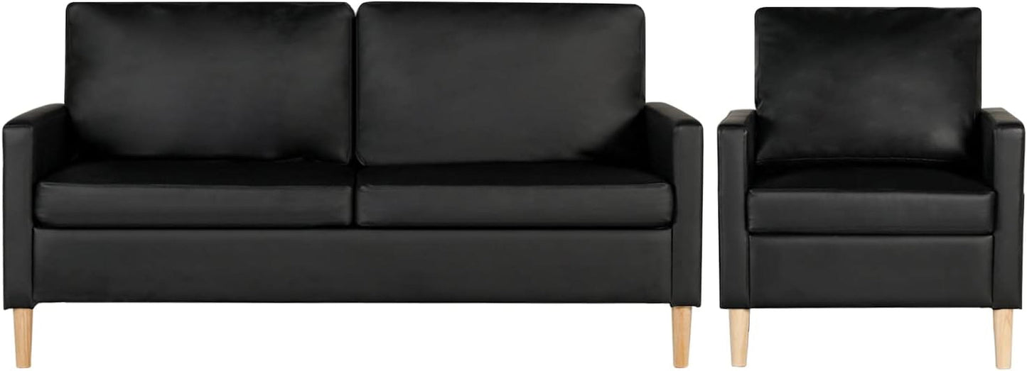 Mid-Century Sectional Sofa Sets 2 Pieces Faux Leather Loveseat Couches with 2 USB Living Room Furniture Accent Arm Chairs for Small Space, Apartment, Office (Black, 1-Seater+3-Seater)-3