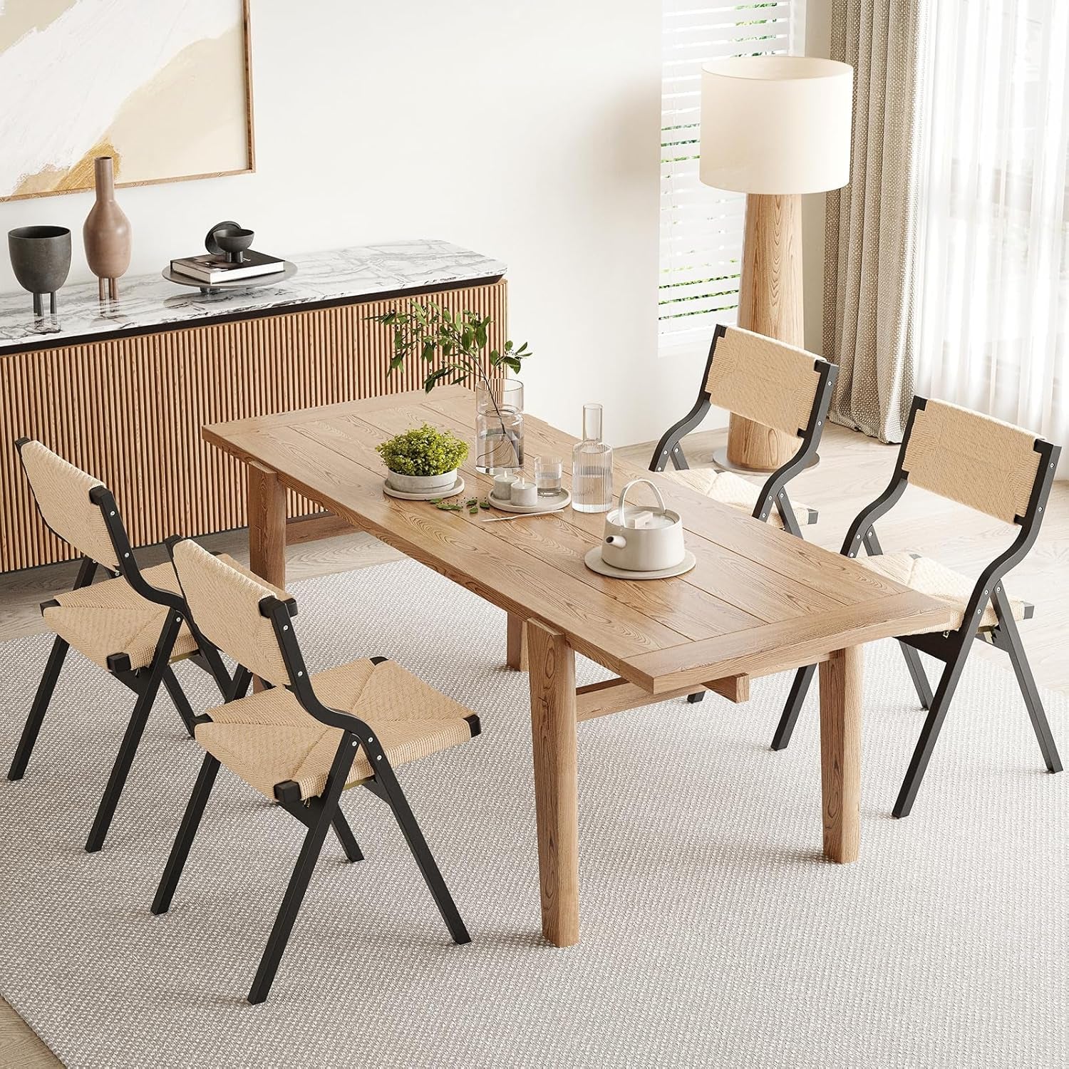 Wood Folding Chairs Set of 2, Foldable Chairs Chairs Wooden Stackable Dining Chairs for Kitchen & Dining Room Chair, Woven Seat & Webbing Back-4