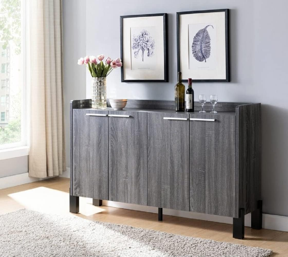 62″ Large Dining Server Cupboard Buffet Console Table in Distressed Black-1
