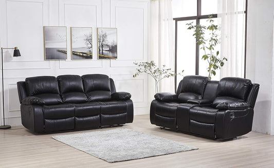 2PC Bonded Leather Recliner Set, Sofa, Loveseat, 8018, Black-0
