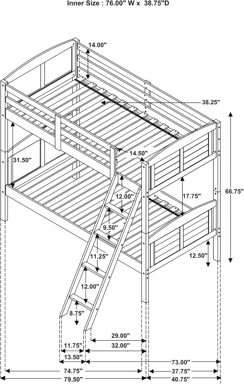 Flynn Farmhouse Wood Twin over Twin Size Bunk Bed Frame with Ladder and Guardrails Fully Slatted Mattress Ready Foundation Weathered Brown 400808-2