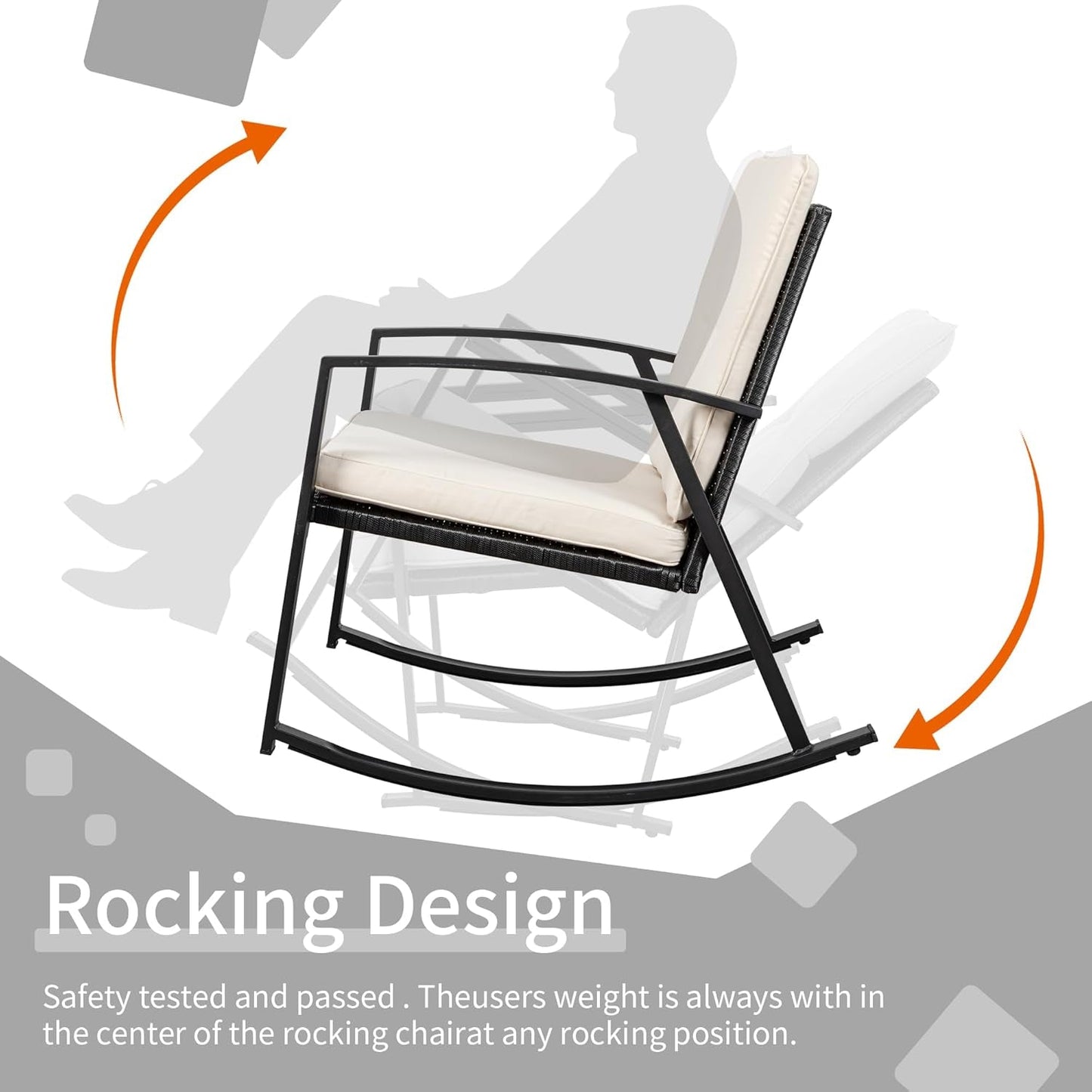 3 Pieces Rocking Bistro Set Wicker Patio Outdoor Furniture, 2 Rattan Porch Chairs Conversation Sets with Glass Coffee Table (Beige)-1