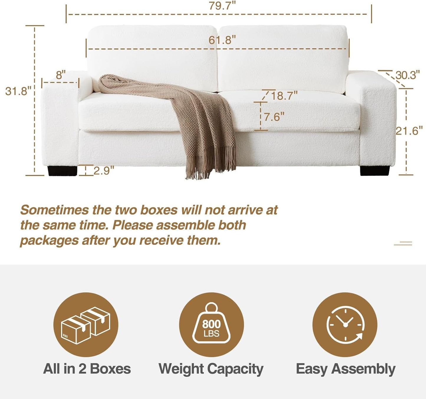 79" Loveseat Sofa for Living Room, Modern Comfy Couch with Charging Ports and Solid Wood Legs, Small Couch Sofa for Small Space,Apartment,Bedroom,Livingroom,White-1