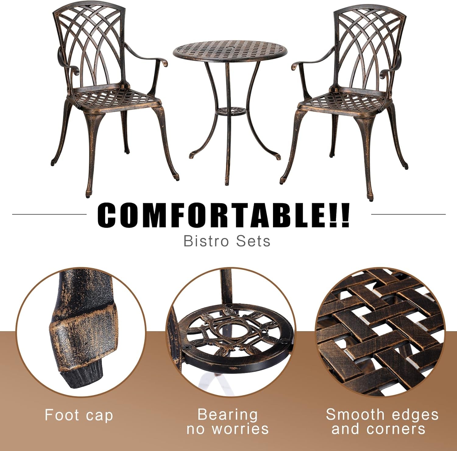 Bistro Set 3 Piece Rustproof Cast Aluminum Patio Furniture Sets round Table with Umbrella Hole for Outdoor, Patio, Balcony, Bronze-2