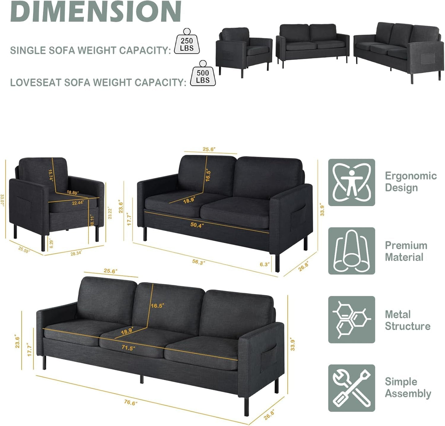3 Piece Living Room Furniture Sets, 3 Seat Couch and Loveseat with 2 USB, Single Sofa Accent Chair, Modern Small Couches for Small Spaces, Bedroom (Dark Grey)-2