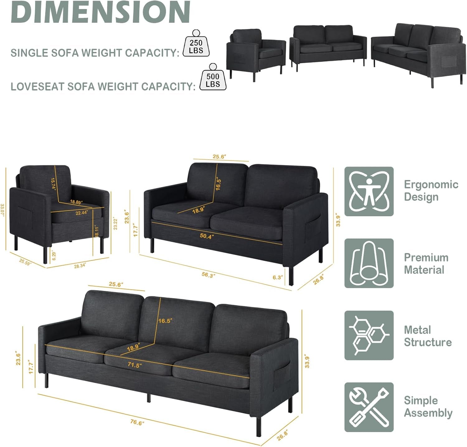 3 Piece Living Room Furniture Sets, 3 Seat Couch and Loveseat with 2 USB, Single Sofa Accent Chair, Modern Small Couches for Small Spaces, Bedroom (Dark Grey)-2