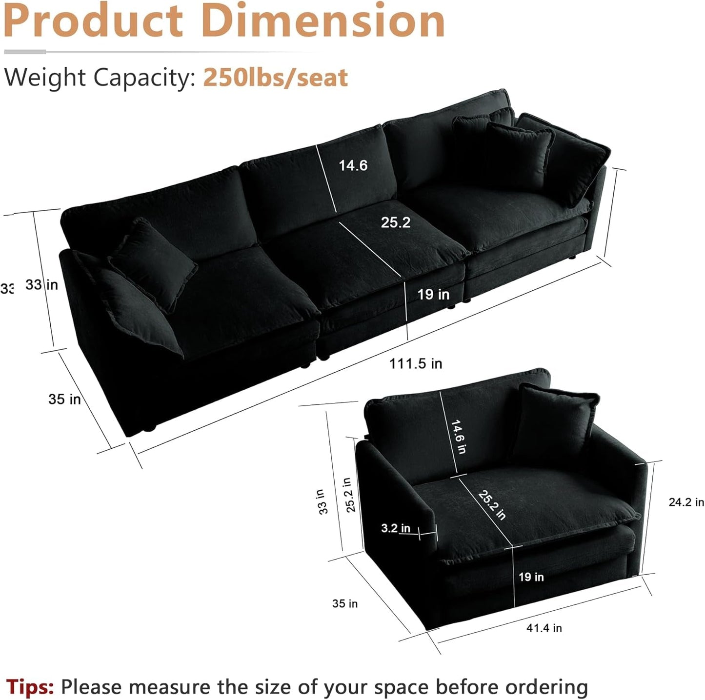 Luxury 3 Piece Sofa Set, 2 Pieces of Single Sofa and 1 Piece of 3 Seater Sofa, Modern Chenille Comfy Cloud Couches Set with 7 Pillows for Living Room Office, Black-1