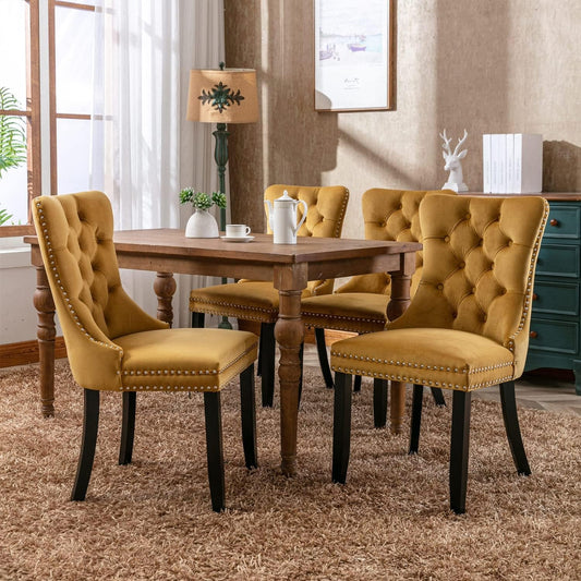 Velvet Dining Chairs Set of 4, Tufted Upholstered Dining Chairs with Nailhead Back and Ring Pull Trim, Solid Wood Dining Chairs for Kitchen/Bedroom/Dining Room (Gold)-1