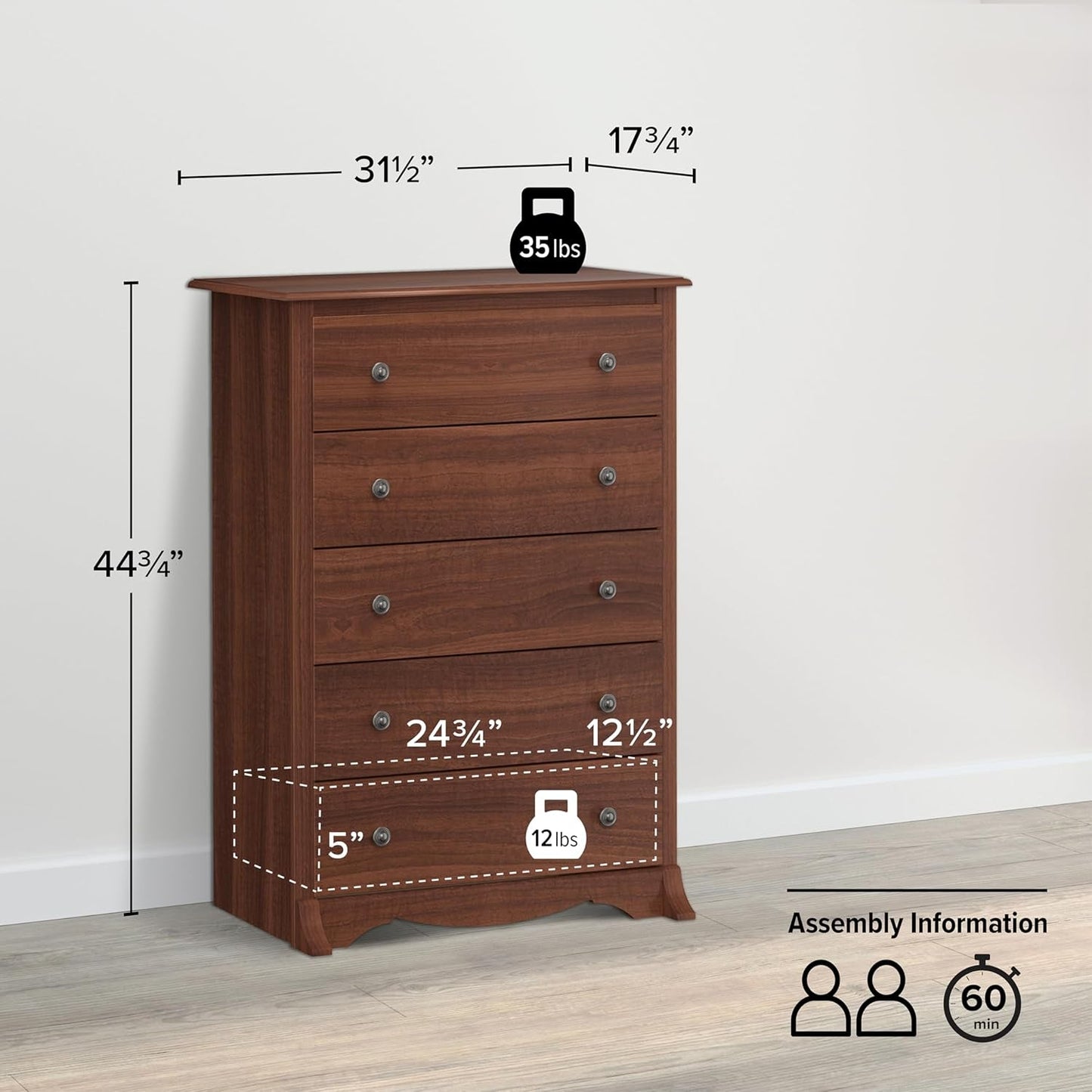 Sonoma Traditional 5-Drawer Tall Dresser for Bedroom, Functional Bedroom Dresser Chest of Drawers 17.75" D X 31.5" W X 44.75" H, Cherry-2