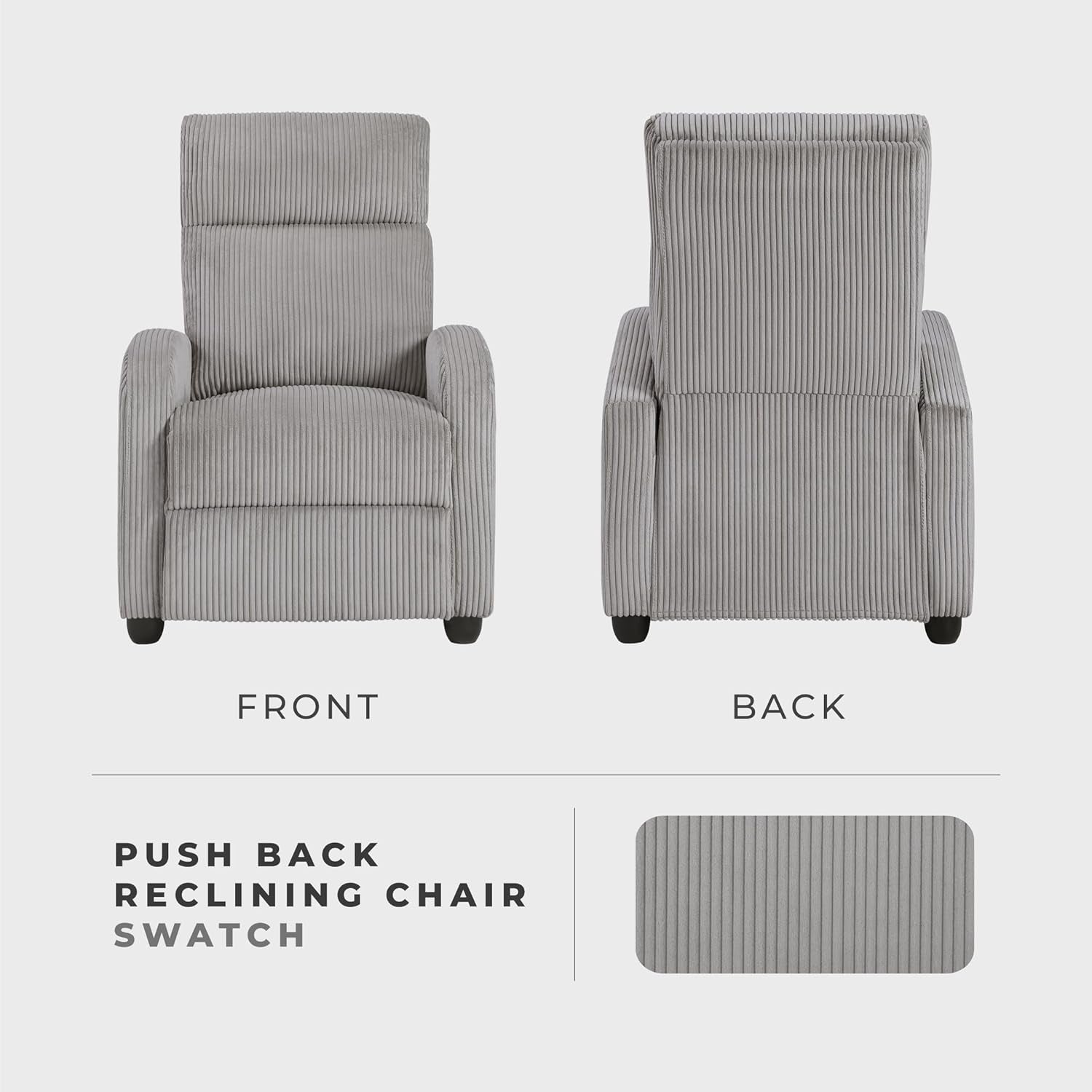 Pushback Recliner Chair Armchair Push Back Recliner, Corduroy Chair with Solid Wood Frame and Metal Seat Base, Single Sofa Accent Chair for Living Room/Office/Apartment, Light Grey-4