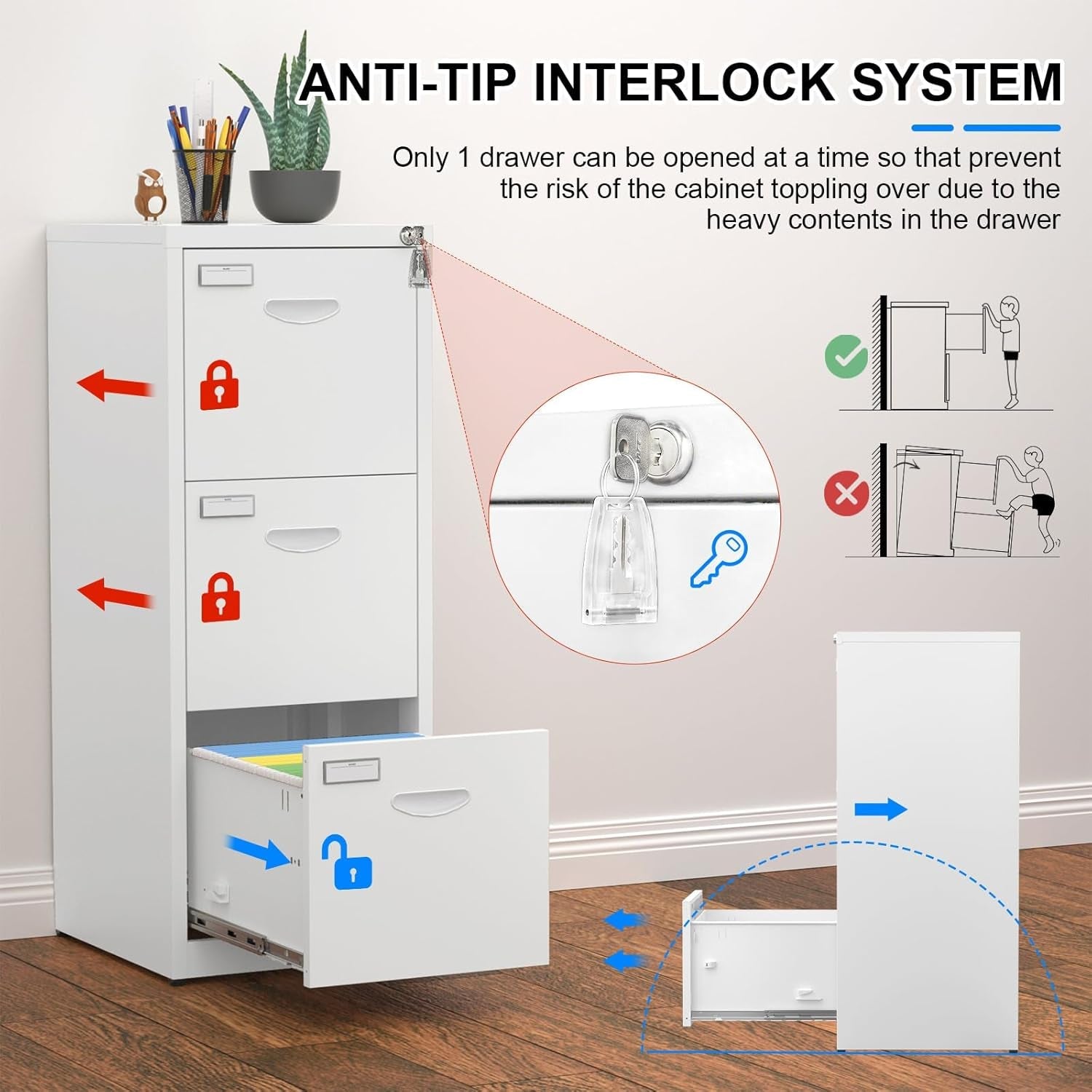 Metal File Cabinet with Lock, 3 Drawer Filing Cabinet, White Locking File Cabinet for Home Office, Light Duty Narrow Modern File Storage Cabinet for Hanging Letter/Legal/A4/F4 Size-Assembly Required-3