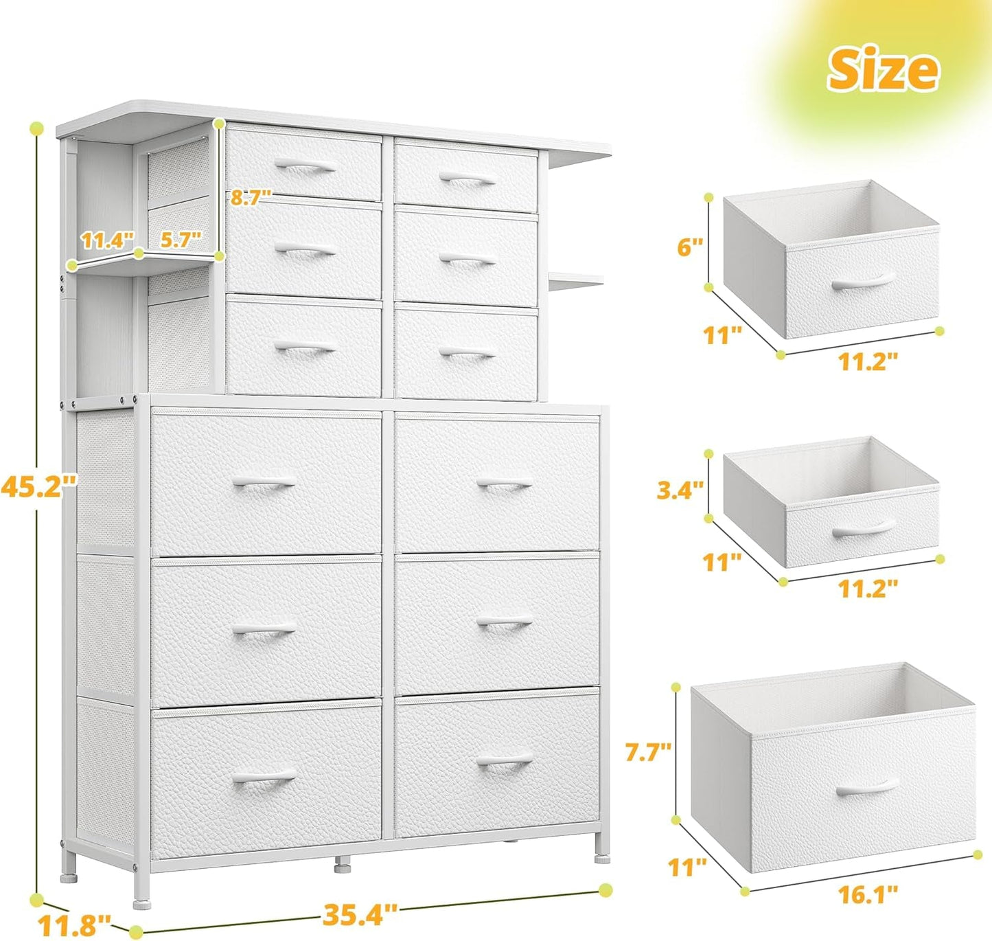 Dresser for Bedroom with LED Lights, 12 Drawers Bedroom Dresser, Black Dresser and Tall Dresser with Open Shelves, Fabric Dressers & Chests of Drawers with Sturdy Metal Frame, White-2