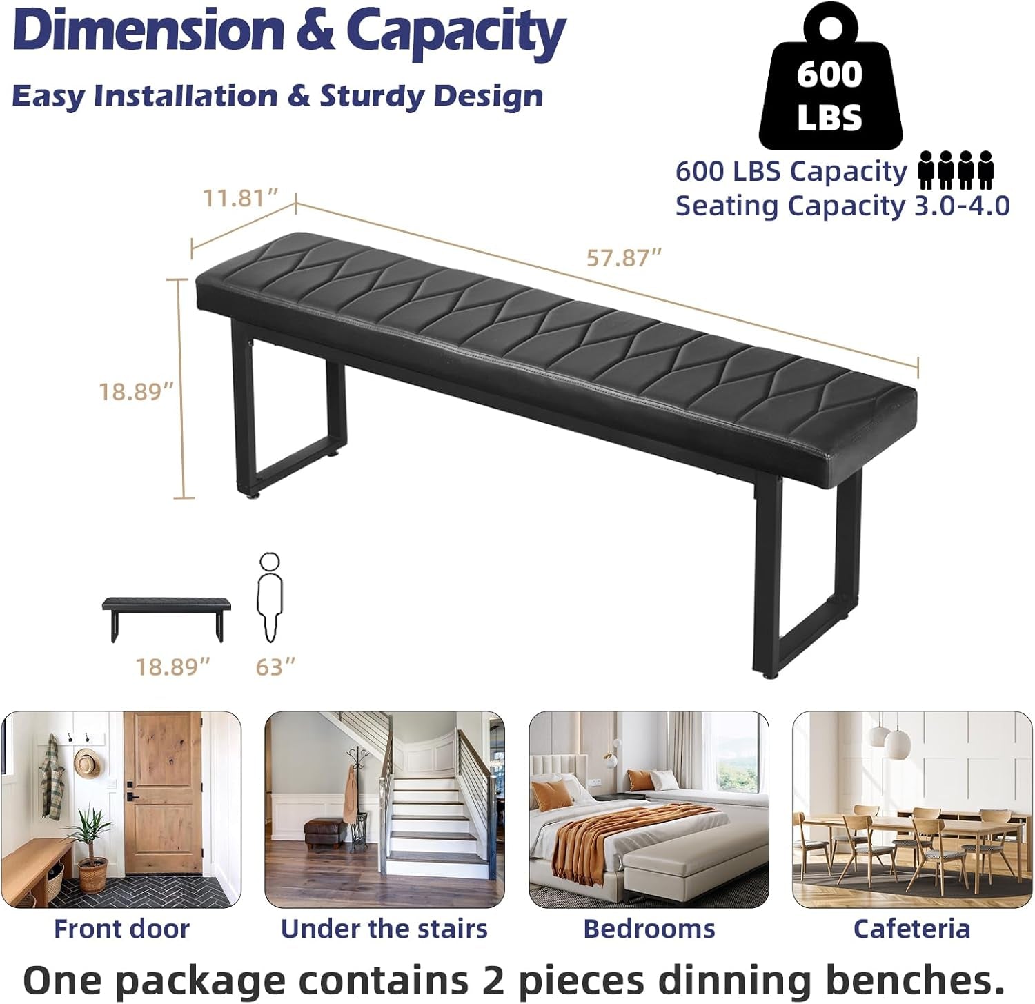 58” Padded Dining Table Bench Pair of 2 for 6-8 Person, Faux Leather Indoor Cushioned Bench, Extra Long Bench for Dining Room Table, Bedside Bench, Shoe Bench, Entryway Bench (Black, 58")-2