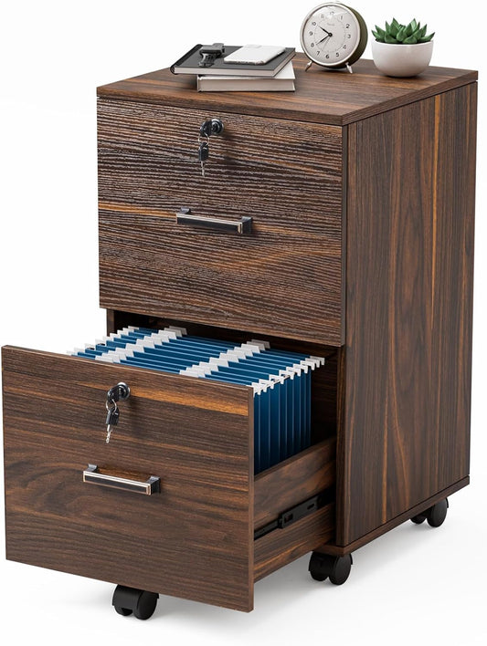 2 Drawer File Cabinet with Lock, Wood Dark Brown File Cabinet for Letter Size File Folders with Tabs, under Desk Rolling File Cabinets for Home Office, Mobile Filing Cabinet Printer Stand-0