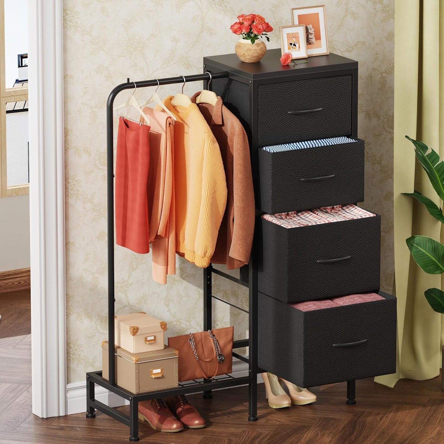 Dresser with Hanging Rack, 4 Drawers Small Dresser for Bedroom, Reversable Fabric Kids Dresser for Closet with Clothes Rack, Tall Chest of Drawers, Sturdy Frame, Black, 44''H-1