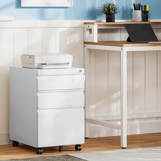 White Filing Cabinet 3 Drawers on Wheels under Desk, Metal Rolling File Cabinet with Lock for Home Office, Small Mobile File Cabinet for Letter Legal File Folders, Un-Assembled-1