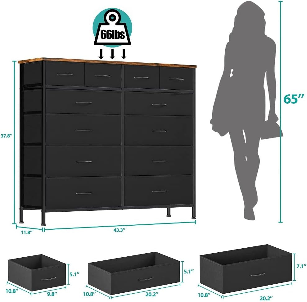 Large Dresser for Bedroom with 12 Deep Drawers, Tall Fabric Drawer Dresser, Chest of Drawers for Closet, Nursery, Living Room, Laundry, Entryway, Hallway (Black)-2