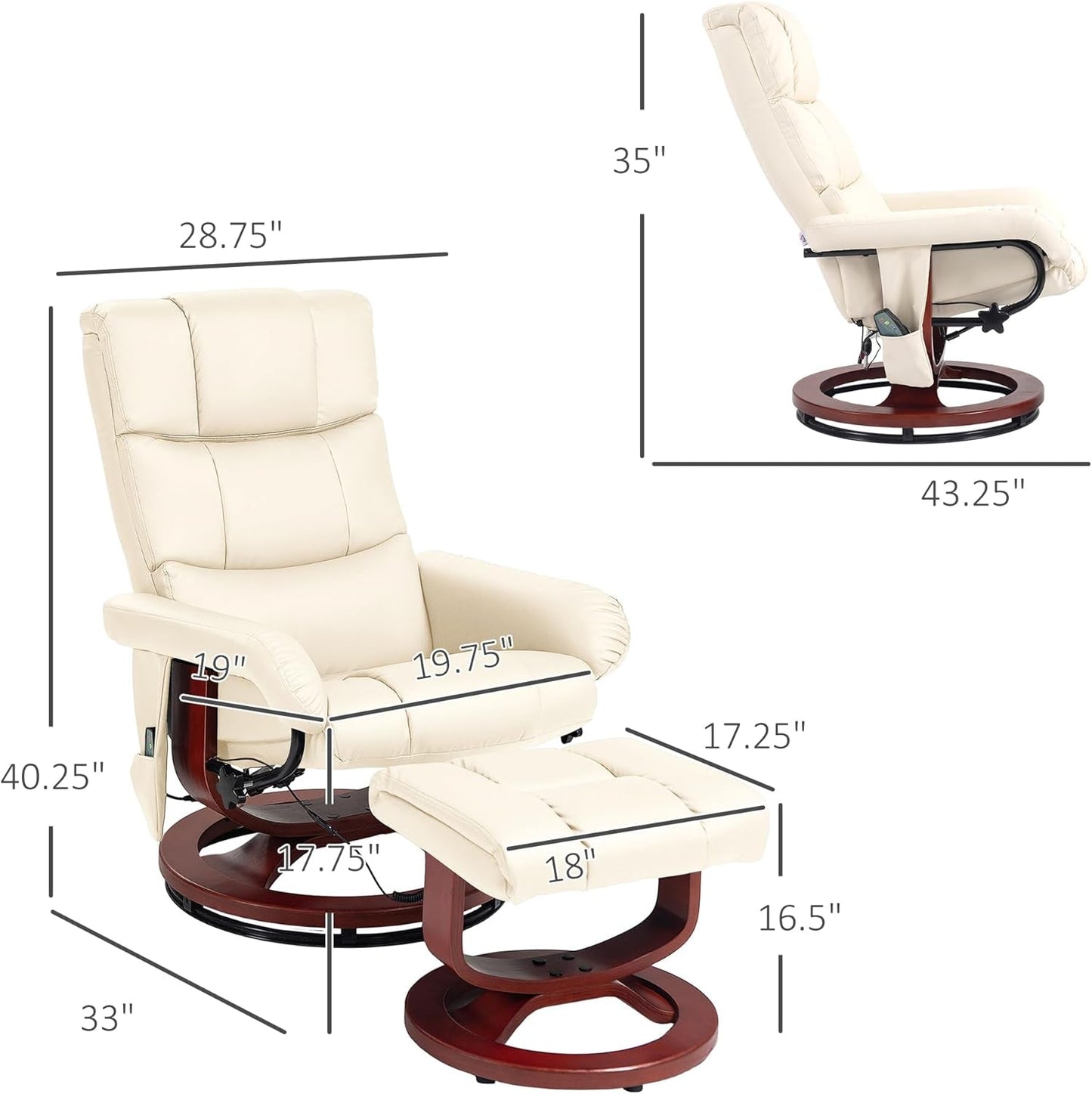 Massage Recliner Chair with Ottoman, Swivel Recliner and Footrest, Faux Leather Reclining Chair with Remote Control and Side Pocket, Cream White-2