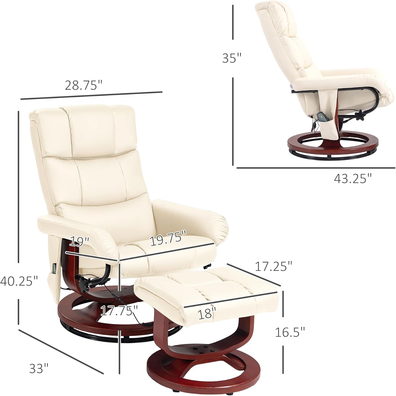Massage Recliner Chair with Ottoman, Swivel Recliner and Footrest, Faux Leather Reclining Chair with Remote Control and Side Pocket, Cream White-2
