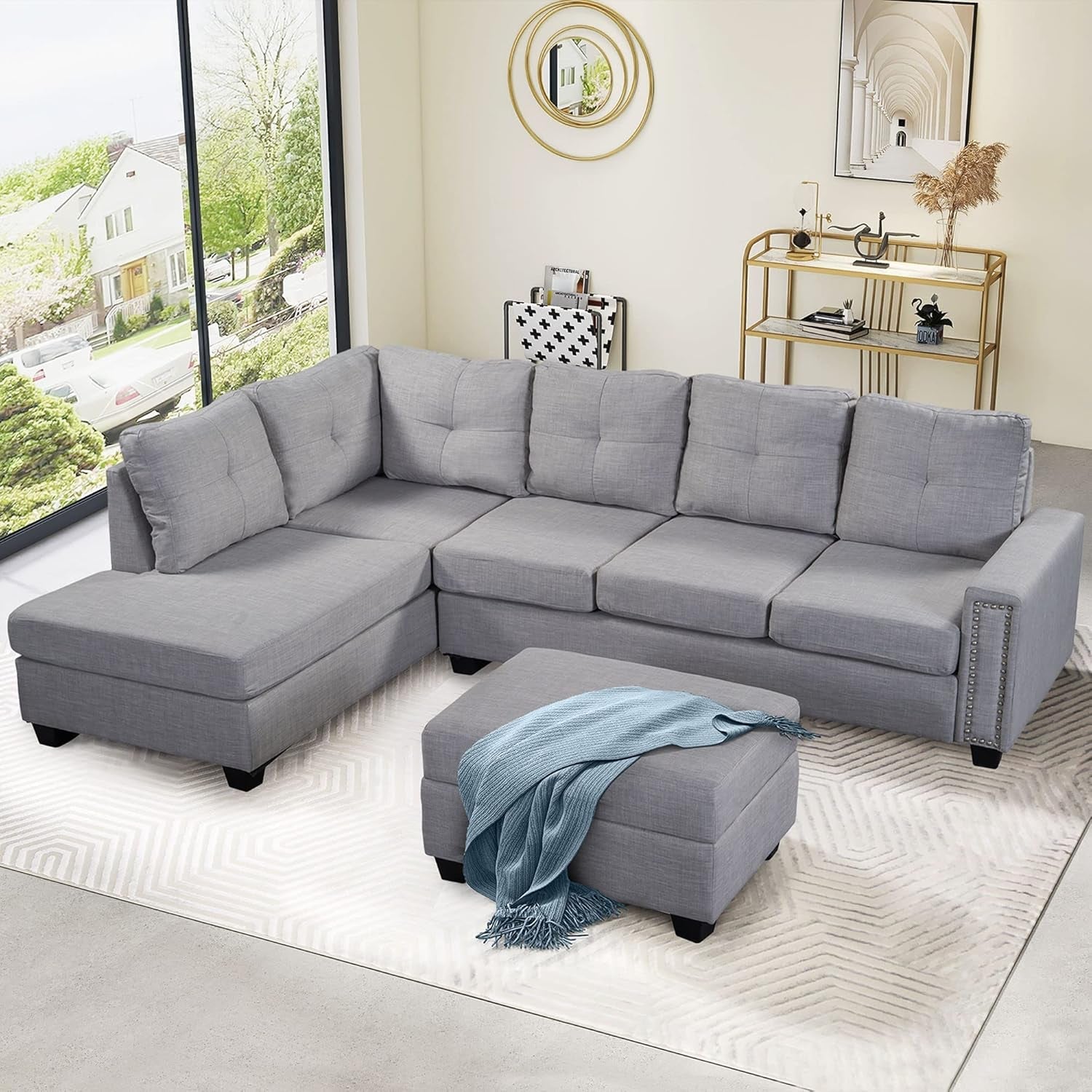 108.1Inch Sectional Sofas Rivet Ornament 3-Seat Sofa Sectional Sofa Couches with Reversible Chaise Storage Ottoman and 2 Cup Holders, Sofa Lounge and Ottoman for Living Room Furniture-3