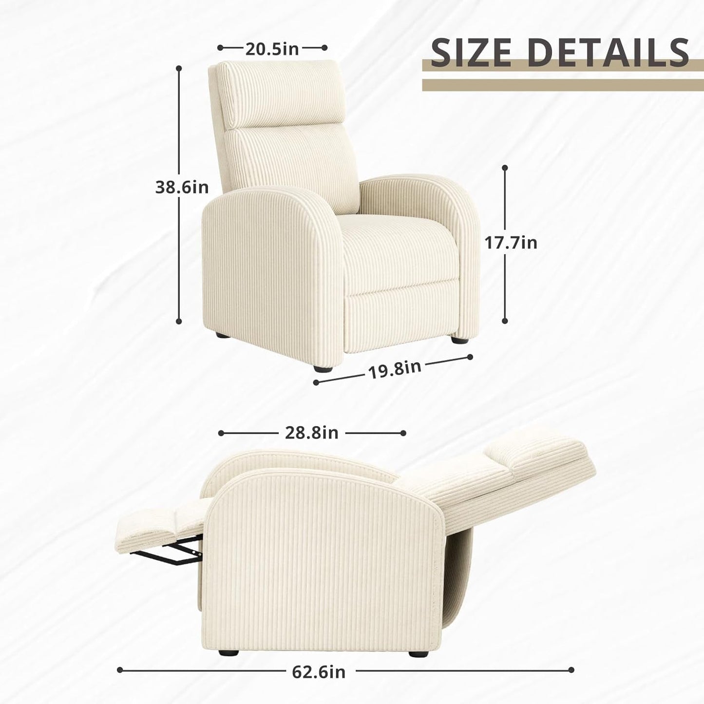 Recliner Chair Adjustable Home Theater Single Recliner Sofa Furniture with Thick Seat Cushion and Backrest Modern Living Room Recliners (Corduroy, Beige)-2