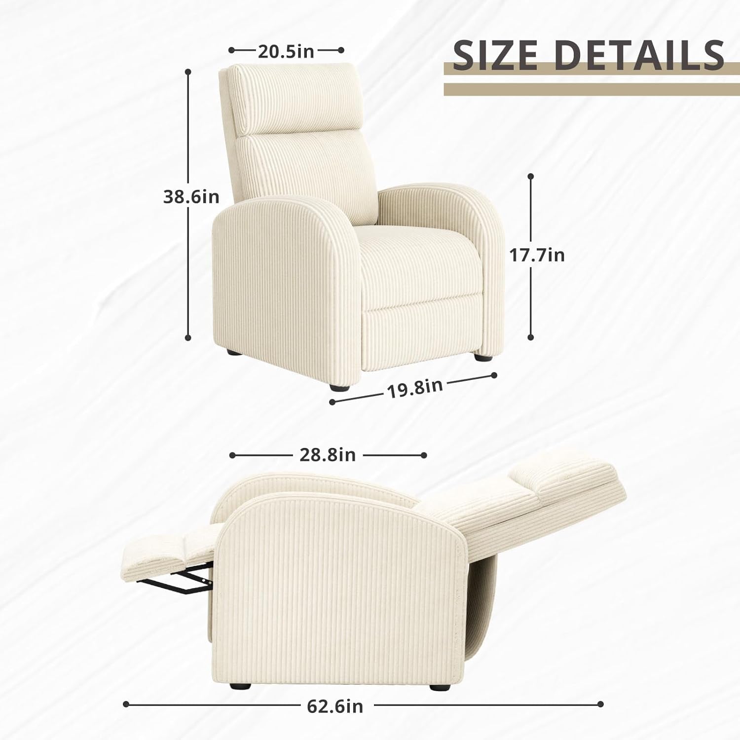 Recliner Chair Adjustable Home Theater Single Recliner Sofa Furniture with Thick Seat Cushion and Backrest Modern Living Room Recliners (Corduroy, Beige)-2