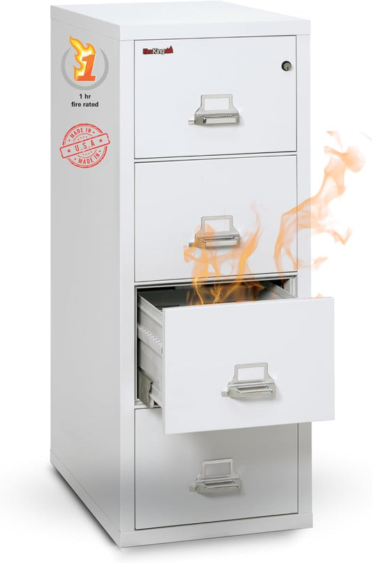 Vertical 4 Drawer Legal Fire Safe File Cabinet with Key Lock, 1 Hour Fire Rated, UL Rated & Water Resistant Home Safe, Made in the USA, Arctic White-0